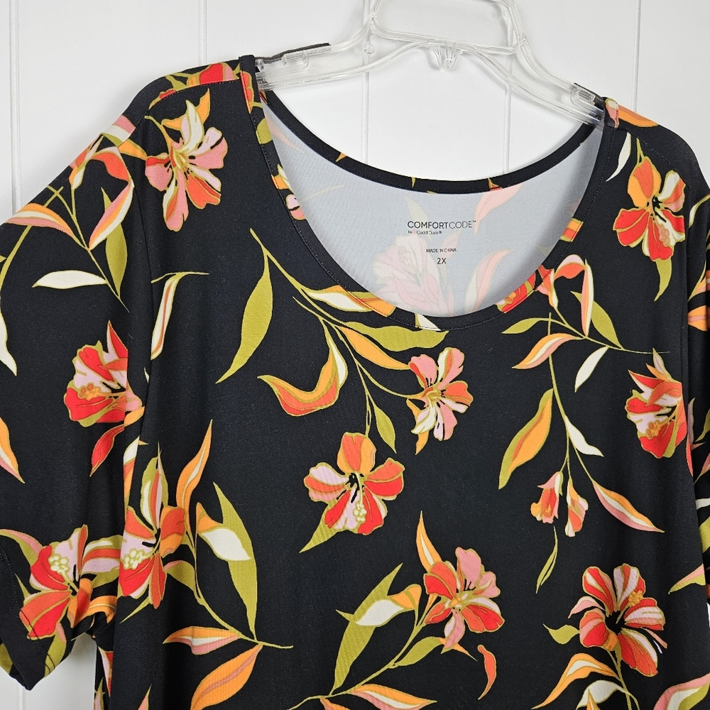 Cuddl Duds Printed Jersey Knit Tiered T Shirt Dress Black Floral 2X Knee Length - Picture 4 of 8